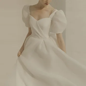 Простое Белое Свадебное платье 2023 В Корейском Стиле, Милое, С Пышными рукавами, Из Органзы, Трапециевидной Формы, На Шнуровке, С открытой спиной, Vestidos De Novia