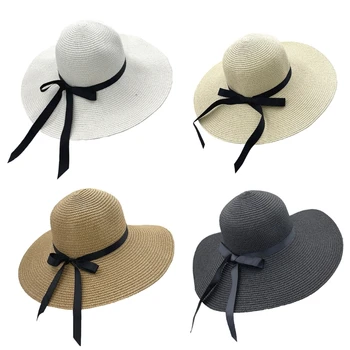 Весенне-летние украшения с бантом, солнцезащитные козырьки, Соломенная шляпа, Модная Женская Большая складная кепка с гибкими полями
