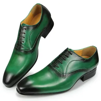 Весенне-Осенние Мужские Модельные туфли, Модные Дизайнерские Свадебные туфли-оксфорды С Острым носком на Шнуровке, Официальная Повседневная обувь Черного, Зеленого Цвета