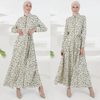 Мусульманское модное платье с принтом и поясом, приталенные Длинные платья для женщин из Ближнего Востока и Африки, Скромное мусульманское платье для женщин
