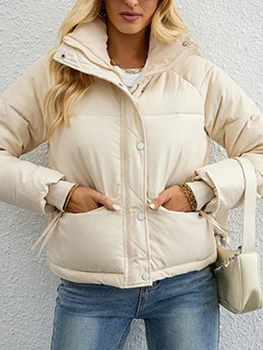Женская пуховая куртка с длинным рукавом, Стеганые куртки на молнии, Короткие пуховики, Зимняя теплая куртка-бомбер, верхняя одежда