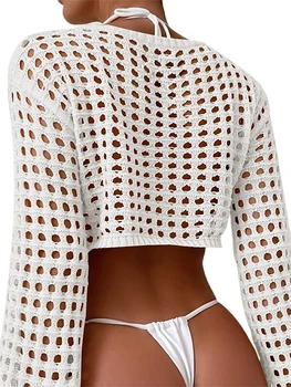 Женские вязаные крючком топы с вырезами, прозрачная блузка, укороченная рубашка с длинным рукавом, Летняя накидка, Приморский пляжный свитер (белый 4 л)