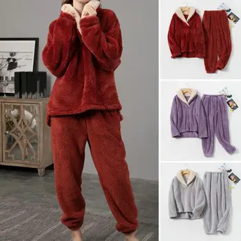 2 шт./компл., Зимний пижамный комплект, Однотонный Свободный Пуловер с длинными рукавами, эластичный пояс, непромокаемый, с капюшоном, Повседневная зимняя домашняя одежда, костюм