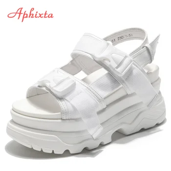 Aphixta/Обувь на платформе, Женские Босоножки на танкетке, увеличивающие рост Летние пляжные парусиновые сандалии на толстой подошве с пряжкой, Большой Размер 43