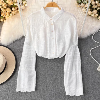 Белые вышитые рубашки в стиле маленькой академии, рубашки с длинным рукавом, Сладкий Свежий универсальный свободный топ, мода