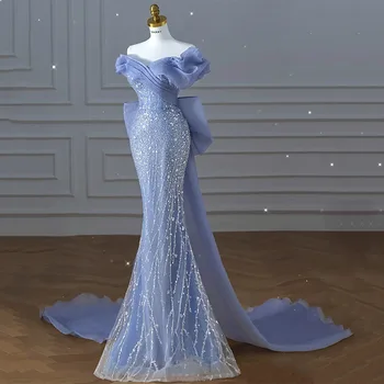 Великолепное платье Русалки с вырезом Лодочкой и бантом, вечернее платье без рукавов с блестящими блестками