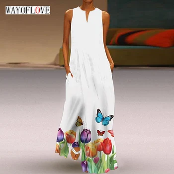 Женское Весенне-летнее Белое Длинное платье без рукавов с V-образным вырезом и цветочным принтом, Свободные пляжные платья, Элегантное вечернее платье Макси в стиле Бохо