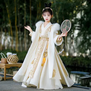 Новый детский зимний костюм древней феи Hanfu, Стеганое платье, детский костюм Тан, Одежда на Китайский Новый год, Платье с пальто