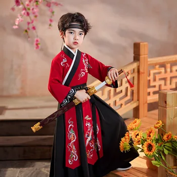 2023 Новый Костюм для косплея Древних детей с рисунком животных, Улучшенный костюм Ханфу для мальчиков Длинной длины, Традиционная красная красивая одежда