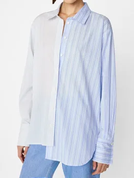 Женская рубашка из 100% хлопка в асимметричную полоску, Свежая, с отложным воротником, Длинным рукавом, Цветная, в стиле пэчворк, Женская Однобортная блузка