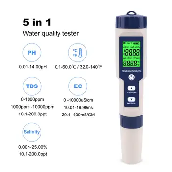Новейший Тестер качества воды 5 в 1 TDS/EC/PH/Солености/TEMP Со Сменным электродом Может Измерять Соленость Вне моря