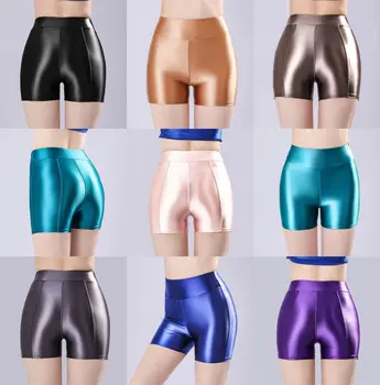 Новые атласные сексуальные глянцевые однотонные женские колготки, спортивные шорты с высокой талией, Шелковистые гладкие байкерские шорты для тренировок, штаны для бега, Одежда