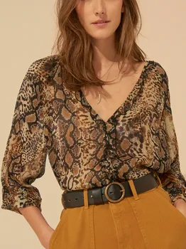 Женская рубашка с V-образным вырезом и рюшами в стиле Ретро С Леопардовым принтом 2023, Летняя Новая Женская Свободная Блузка С рукавом Три Четверти