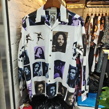 Реальные фотографии Длинноволосый Мужчина с Принтом WACKO MARIA, Длинная Рубашка Для Мужчин И Женщин, Высококачественная Гавайская пляжная рубашка Оверсайз