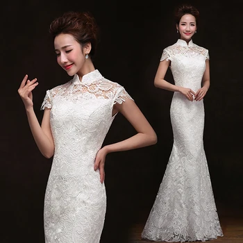 1 шт./лот, винтажное тонкое длинное платье-чонсам для невесты из высококачественного хлопка с кружевной вышивкой и пирсингом, платье на молнии