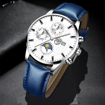 Брендовые мужские наручные часы relogio, Синие Кожаные Кварцевые Спортивные Повседневные Мужские Светящиеся часы, Модные мужские роскошные часы часы мужские