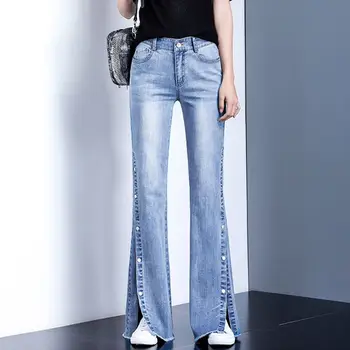 Уличная модная женская одежда, Джинсы с разрезом, Весна-осень, тонкие расклешенные брюки с высокой талией, универсальные винтажные повседневные джинсовые брюки