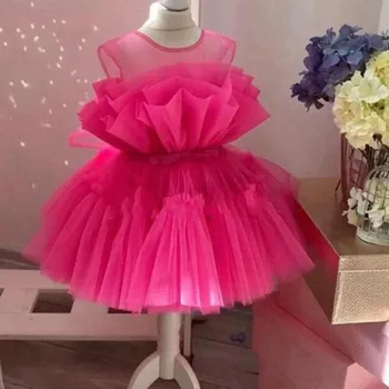 Платье-пачка для маленькой девочки на свадьбу, розовое, оранжевое, неоново-зеленое, из пушистого тюля, платье для дня рождения, короткие платья в цветочек для девочек с рюшами