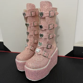 Бренд 2021, Модные женские туфли на танкетке в готическом уличном стиле, Большие Размеры 43, блестящие розовые мотоциклетные ботинки на массивной платформе