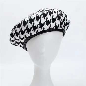 Высококачественная шляпа, женская зимняя европейская и американская мода, черно-белый берет в клетку, Шляпа художника, Плоская кепка, Шляпа художника