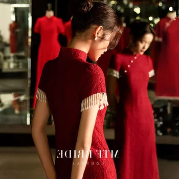Плюс Размер, Китайское Традиционное Сексуальное Платье для тостов Cheongsam, Современное Осеннее ретро Красное Свадебное Вечернее платье Qipao