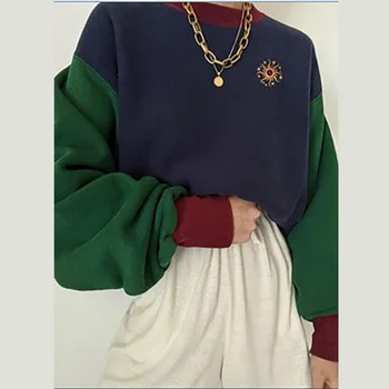 Женская Осенняя одежда 2023, Зеленый Трикотаж с длинным рукавом, Повседневная модная куртка в стиле пэчворк, свитер, Женский Новый Корейский пуловер Y2k, толстовка