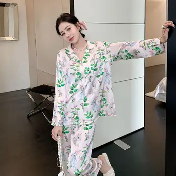 Женский пижамный комплект с пуговицами на лацканах, Пижама с длинным рукавом, Атласная пижама с принтом, пижама для сна