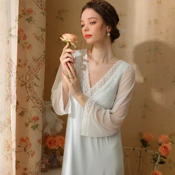 Кружевная ночная рубашка Для женщин, весна-осень, длинный рукав, милая элегантная пижама Принцессы для девочек из модального хлопка, длинное платье