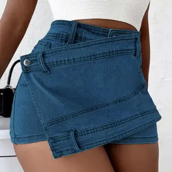 Летние джинсовые шорты Трапециевидной формы Неправильной формы С высокой талией, однотонные карманы, Повседневная юбка выше колена для вечеринок, женские шорты