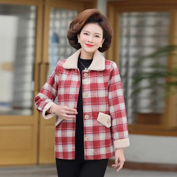 2022 Новая Осенне-Зимняя Корейская Женская Куртка из Хлопчатобумажной шерстяной ткани в Корейском стиле среднего возраста, Женское клетчатое пальто, Женские пальто