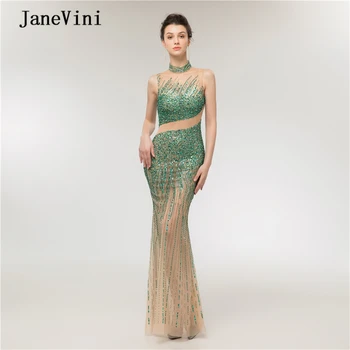 JaneVini, новый дизайн, арабские роскошные вечерние платья в Дубае, расшитые бисером, прозрачное сексуальное вечернее платье Русалки без рукавов с высоким воротом